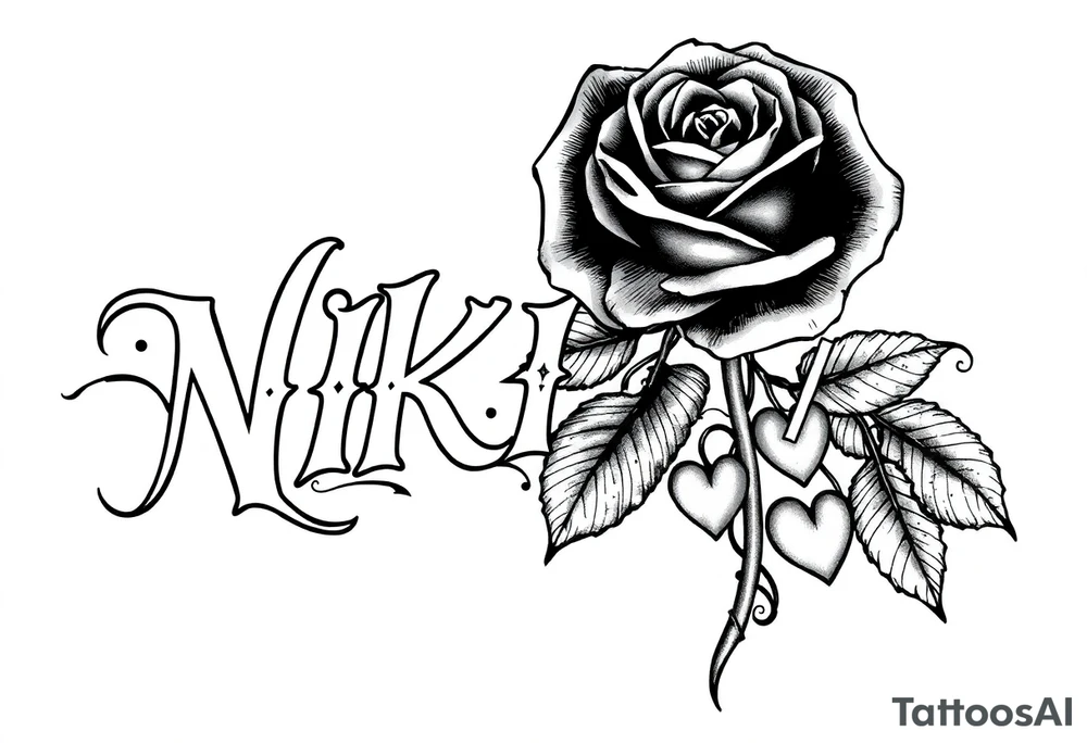 the name NIKITA WITH A ROSE AND SOME HEARTS tattoo idea