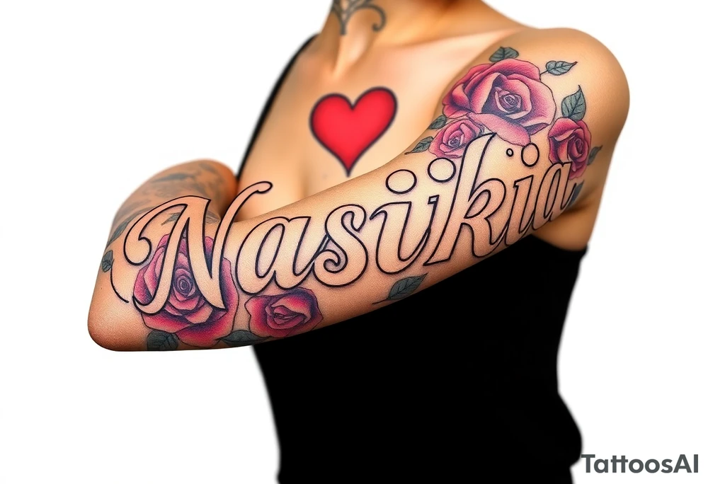 the word Nashika with roses and heart tattoo idea