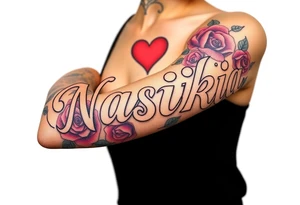the word Nashika with roses and heart tattoo idea