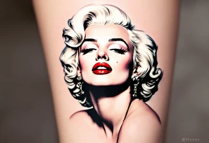 A vintage-style Marilyn in full color with platinum blonde hair, red lips, and a soft pastel background. tattoo idea