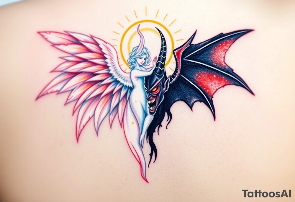 A radiant angel, with soft white wings and a glowing halo, surrounded by light, juxtaposed against a dark demon, with jagged black wings and fiery red eyes, symbolizing the ultimate conflict between good and evil. tattoo idea