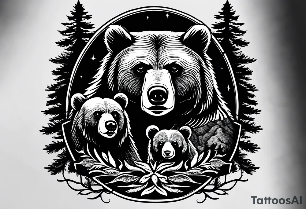 The tattoo shows a mother bear holding two bear cubs in her arms. A small bear cub and a larger bear cub. The bears are surrounded by fir trees and rocks. There is written „no matzer what i got your back“ above and under tattoo idea