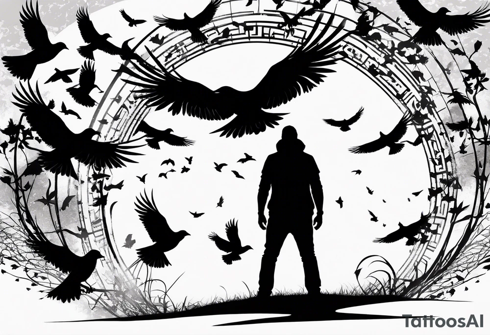 Silhouette of a man on his knees bent over with crows flying out his back like pieces of him flying away. tattoo idea