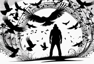 Silhouette of a man on his knees bent over with crows flying out his back like pieces of him flying away. tattoo idea