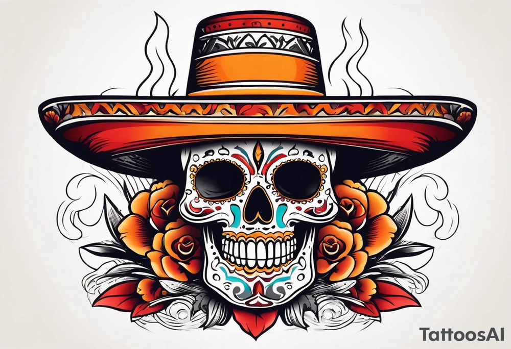 Mexican skull with sombrero with smoke coming out of the bottom orange and red tattoo idea