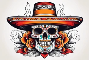 Mexican skull with sombrero with smoke coming out of the bottom orange and red tattoo idea