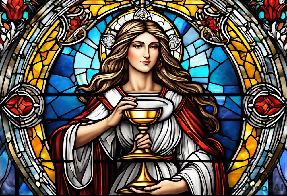holy saint woman with halo stained glass holding a chalice with artillery tattoo idea