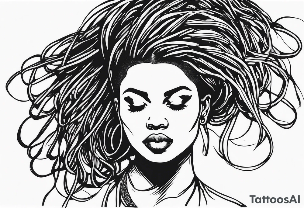 Draw a women head with real dread locks flying in the air tattoo idea