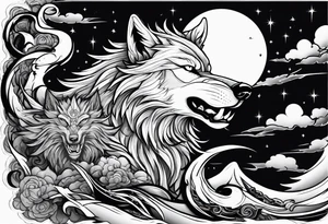 wolf with a dragon and lightning and the moon in the background tattoo idea