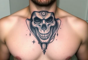 Un rostro masculino dividido en capas como una máscara que se rompe o se desvanece en viento o formas geométricas.

Dentro, se ve una calavera, un reloj o una brújula. tattoo idea