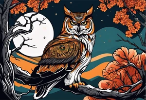 tiger owl underneath a full moon in a forest tattoo idea