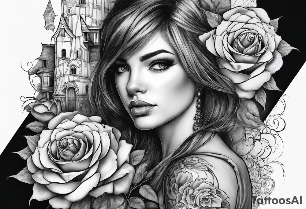 fool sleeve,, abandoned old gotic house, broken sword, roses, tattoo idea