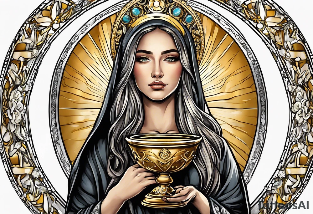 holy saint woman turned away with golden halo holding a chalice tattoo idea