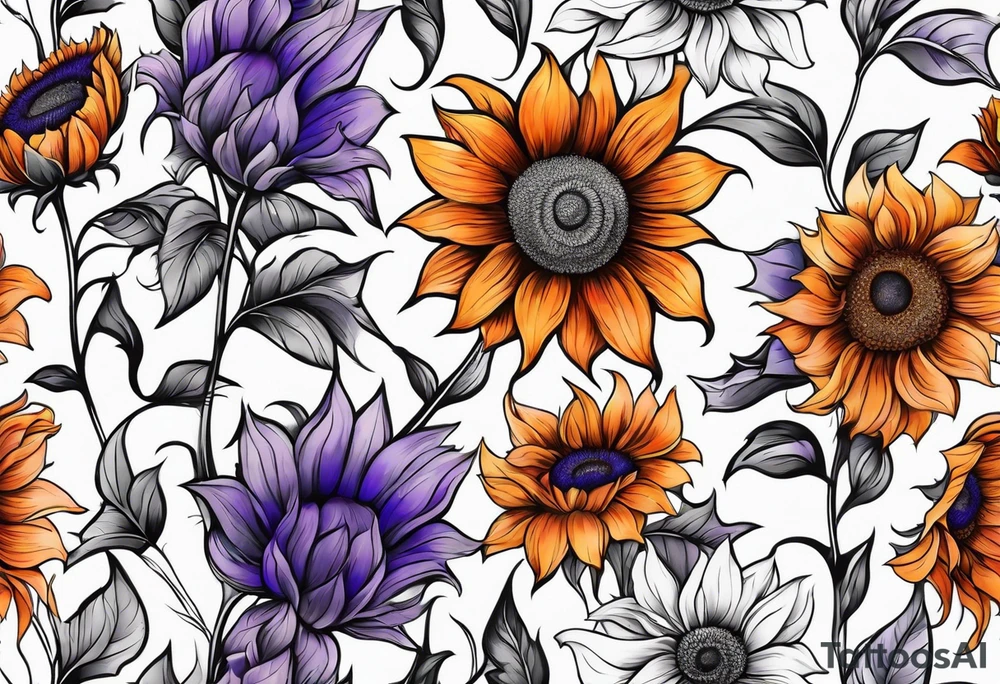 Full leg sleeve with purple, orange and blue sunflowers tattoo idea