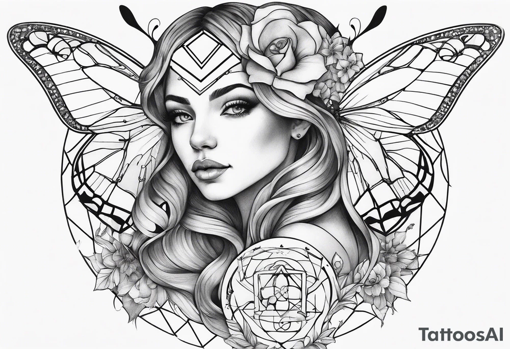 Feminine Capricorn tattoo with geometric designs and butterflies tattoo idea