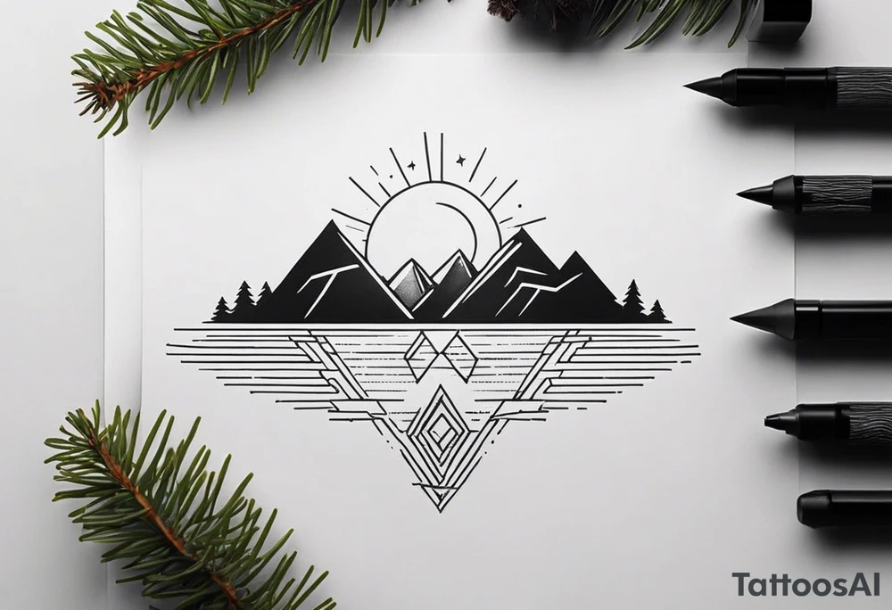 Create a tattoo in a minimalistic style, including a vertical line symbolizing a path or journey. The design should include the following elements: the image of a fir tree at the top, the outline of a mountain in the center, and the sun with rays at the bottom. All elements should be done in black outlines without filling, creating a clean and elegant image. tattoo idea