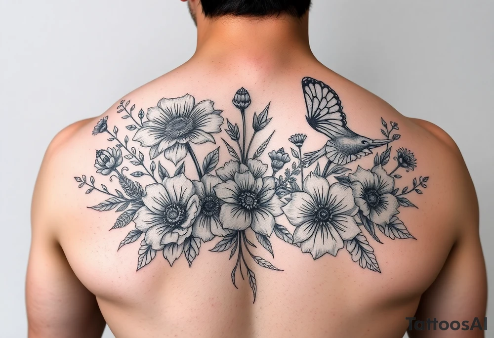 Beautiful wild flowers including wild animals and creatures for a leg sleeve tattoo idea