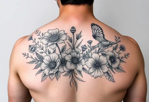 Beautiful wild flowers including wild animals and creatures for a leg sleeve tattoo idea