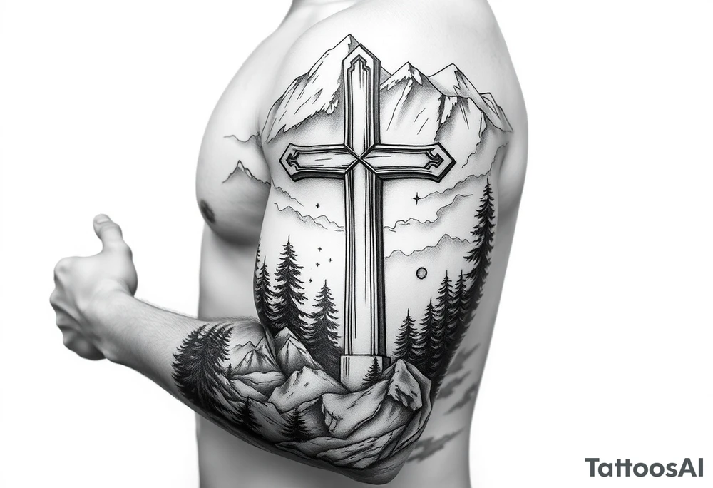 russian orthodox cross in a light forrest mountainous setting tattoo idea