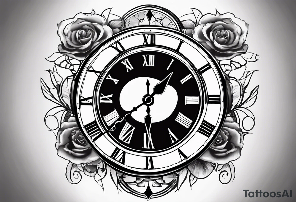 Draw me a tattoo located on the shoulder and upper arm of a man. The tattoo represents a clock in an hourglass with Roman numerals in the background. It is a symbol of the passing of time. tattoo idea