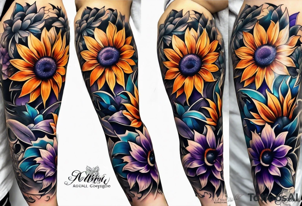 Full leg sleeve with purple, orange and blue sunflowers tattoo idea