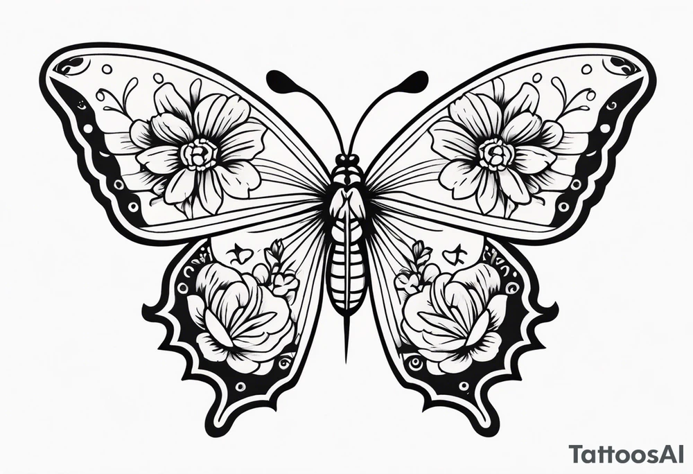 butterfly 
with flowers around it vintage old school traditional tattoo idea