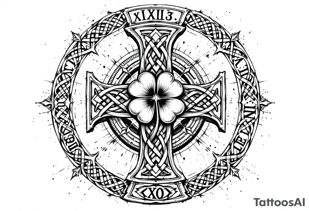 an irish inspired celtic cross with a four leaf clover in the middle surrounded by celtic knots and roman numerals tattoo idea