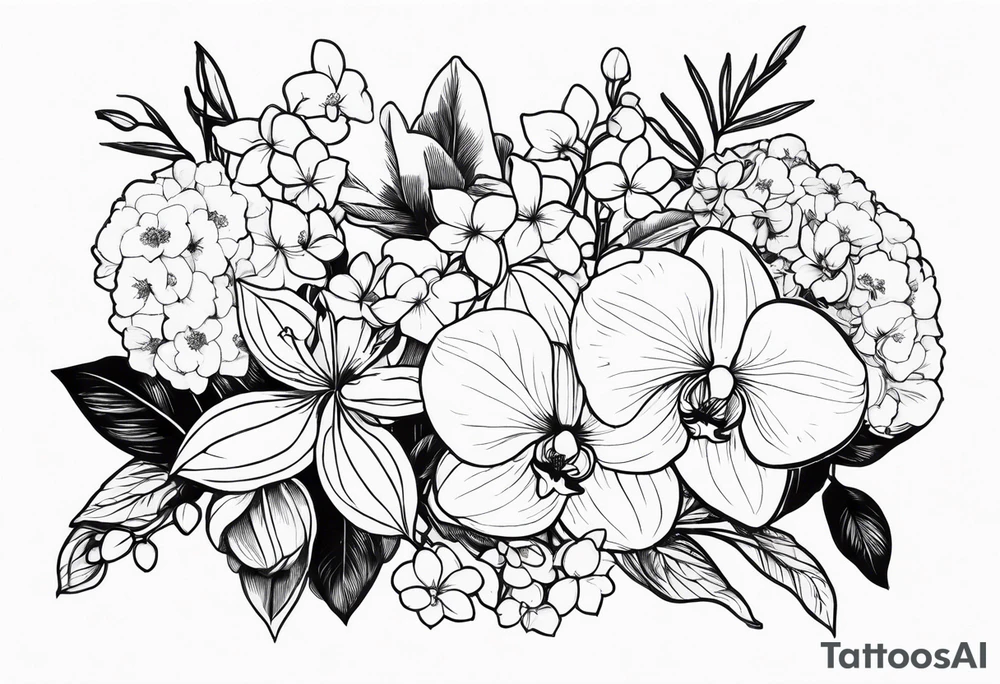 birth flower bouquet with orchid and hydrangeas tattoo idea birth flower bouquet with orchid and hydrangeas tattoo idea