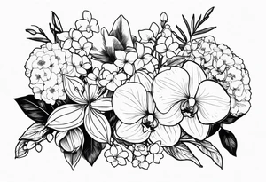birth flower bouquet with orchid and hydrangeas tattoo idea