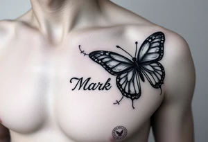 right side of chest coverup with butterflies with the name “Mark” tattoo idea