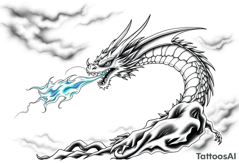 fierce dragon breathing iridescent fire against stormy skies tattoo idea
