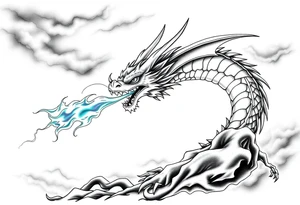 fierce dragon breathing iridescent fire against stormy skies tattoo idea