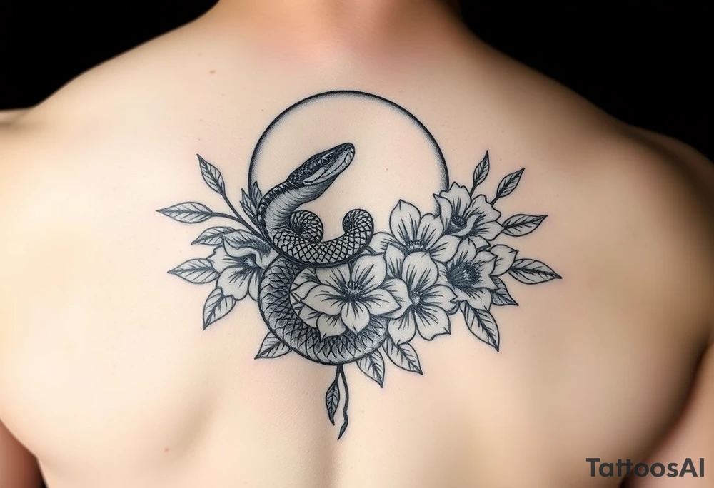 A snake slithering in different flowers with a crescent moon in the background, for a ribcage tattoo idea