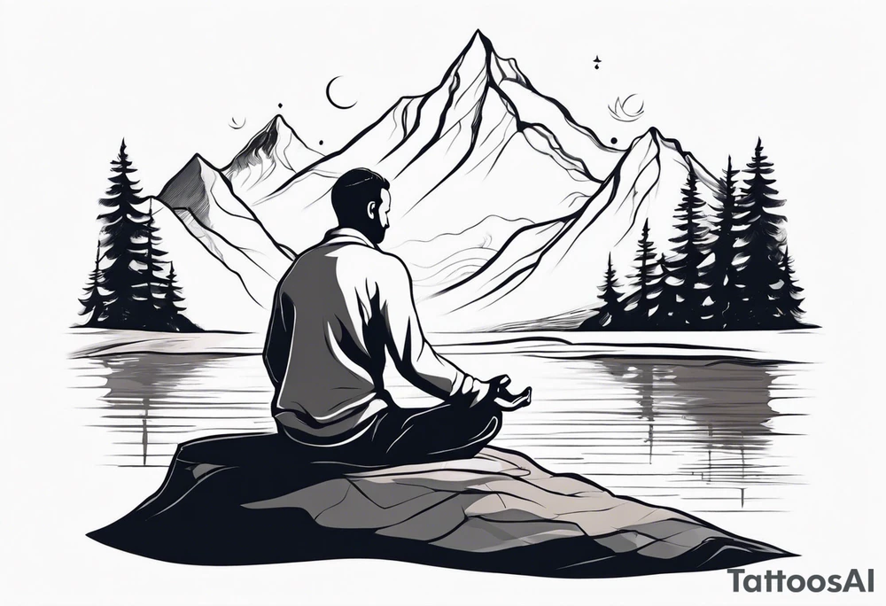 a meditating man by the mountain river tattoo idea
