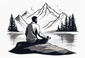 a meditating man by the mountain river tattoo idea