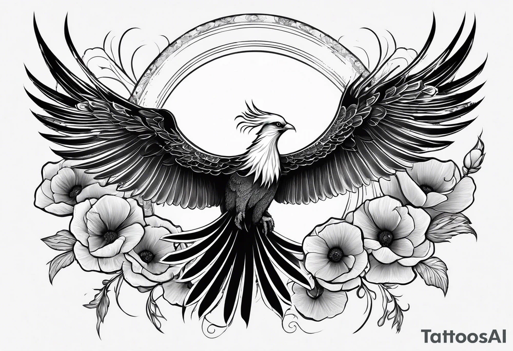 elongated phoenix in flight
in profile long tail with claws holding poppies falling tattoo idea