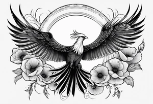 elongated phoenix in flight 
in profile long tail with claws holding poppies falling tattoo idea