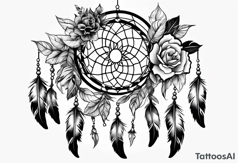 Dream catcher with black flowers and skulls tattoo idea