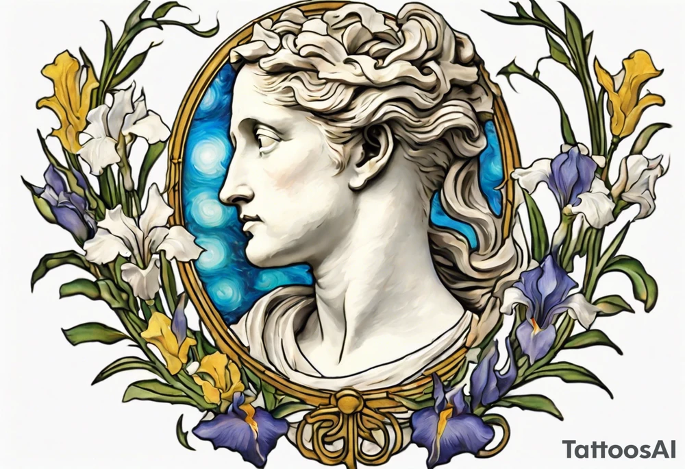 Create a colorful Vincent van Gogh Irises tattoo with an ancient Greek female statue in the middle in white marble. The tattoo should take the form of a crescent, with vines gracefully intertwining at a central point in the middle of the wreath.  The intended placement is on the upper chest. The overall design should be small in size while maintaining a delicate and artistic aesthetic. Pay attention to the graceful flow of the vines and the placement of the irises to achieve a refined and elegant look. tattoo idea