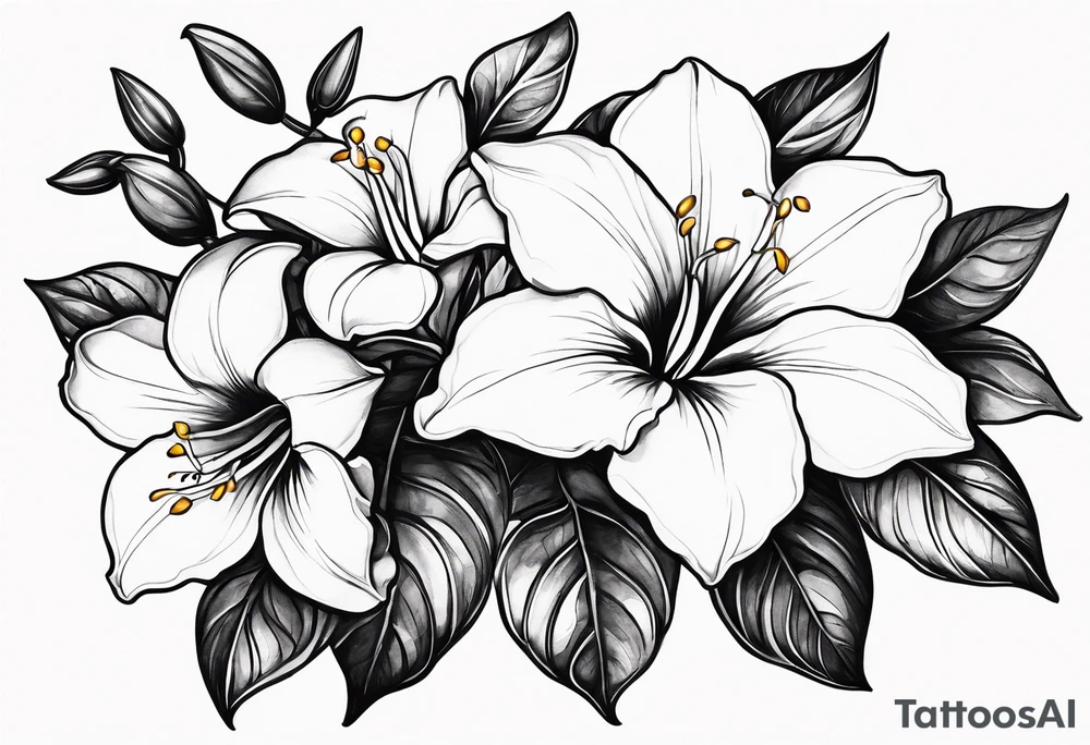 white background, abstract mandevilla flowers on a vine, not as much stamen tattoo idea