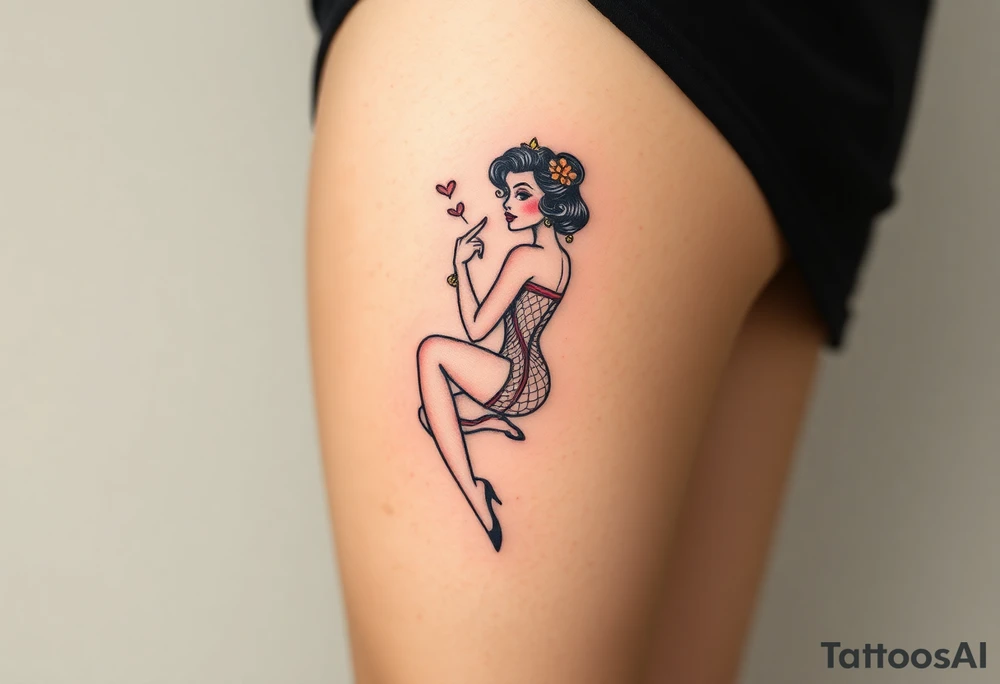 BDSM-themed art deco woman, intricate linework, thigh tattoo. tattoo idea