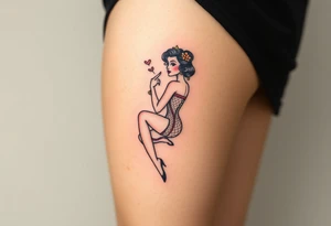 BDSM-themed art deco woman, intricate linework, thigh tattoo. tattoo idea