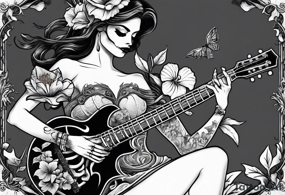 a female skeleton holding a hibiscus flower and a male skeleton playing a guitar. tattoo idea