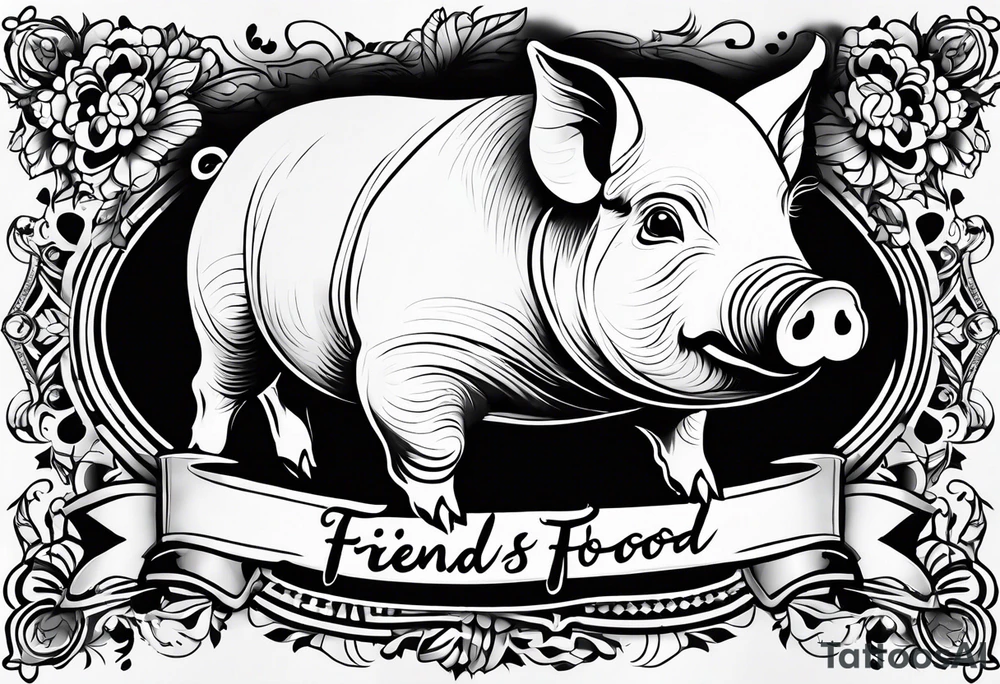 cute pig or piglet.
with text: "friends not food" 

only very thin lines. no shading. black and white only tattoo idea