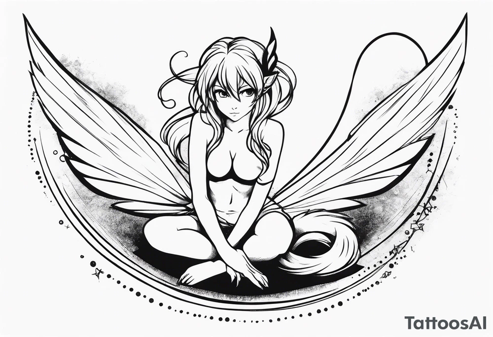 No color sketch of a fairy with a tail inspired by the guild symbol in the anime show called Fairy Tail in a fetal position leaning forward while crawled in and her body is an angle while floating in the air with big wings tattoo idea