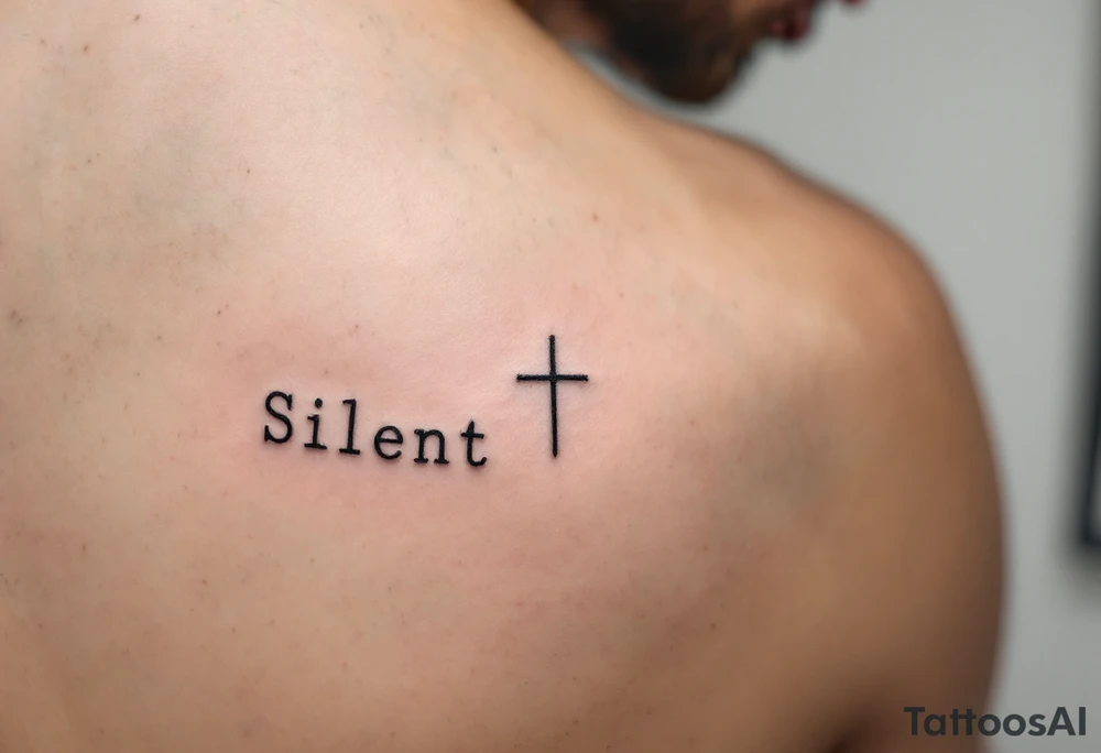A tiny symmetrical cross under a man’s left eye, in charcoal black, paired with "Silent" in serif caps under the right. on man´s face under an eye. tattoo idea
