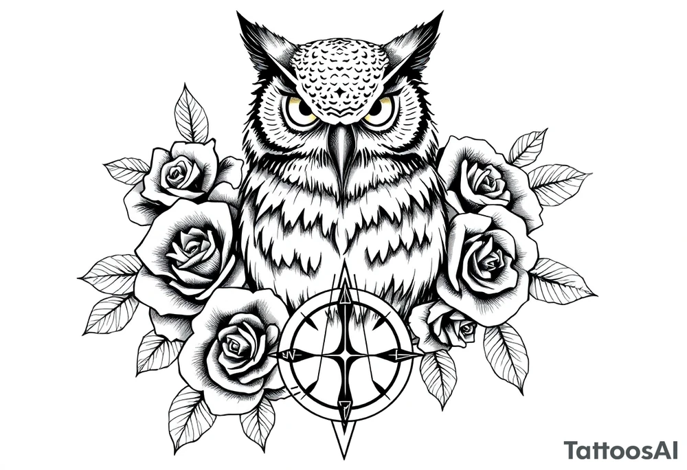 an owl,roses,compass. tattoo idea