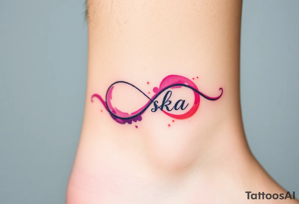 A watercolor infinity design in pastel pink and purple hues, with "láska" softly blending into the curves, creating a dreamy effect tattoo idea