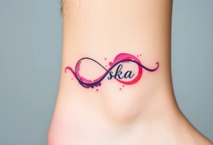 A watercolor infinity design in pastel pink and purple hues, with "láska" softly blending into the curves, creating a dreamy effect tattoo idea