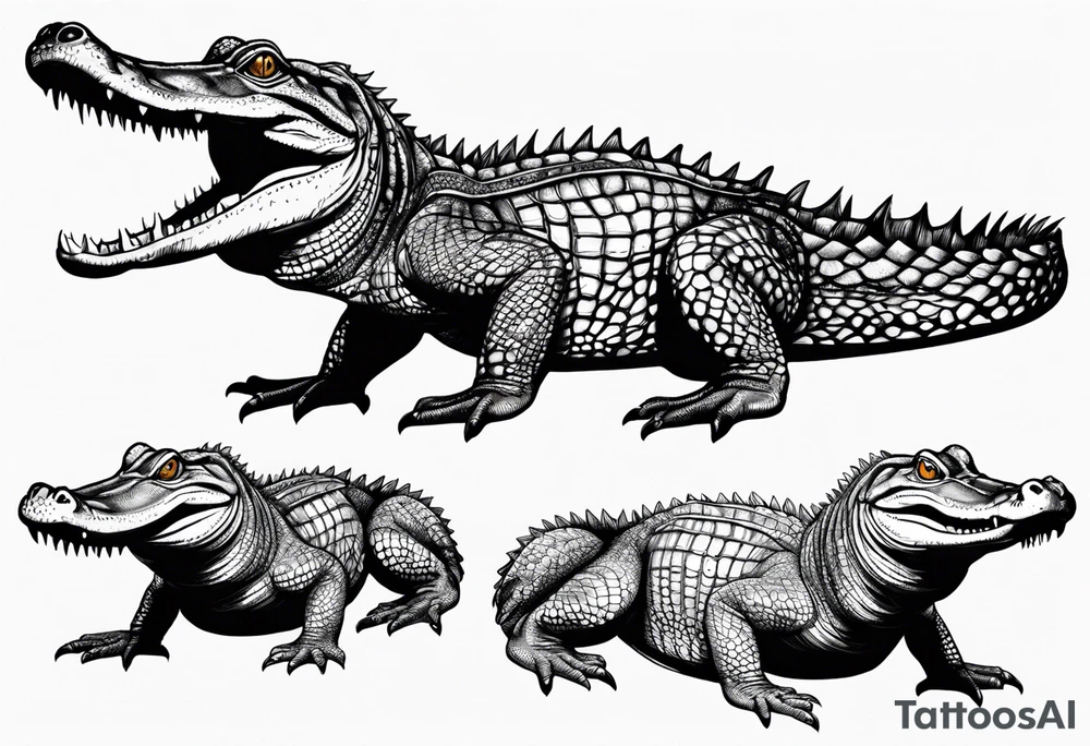 Full body Caiman with tail leg top view tattoo idea